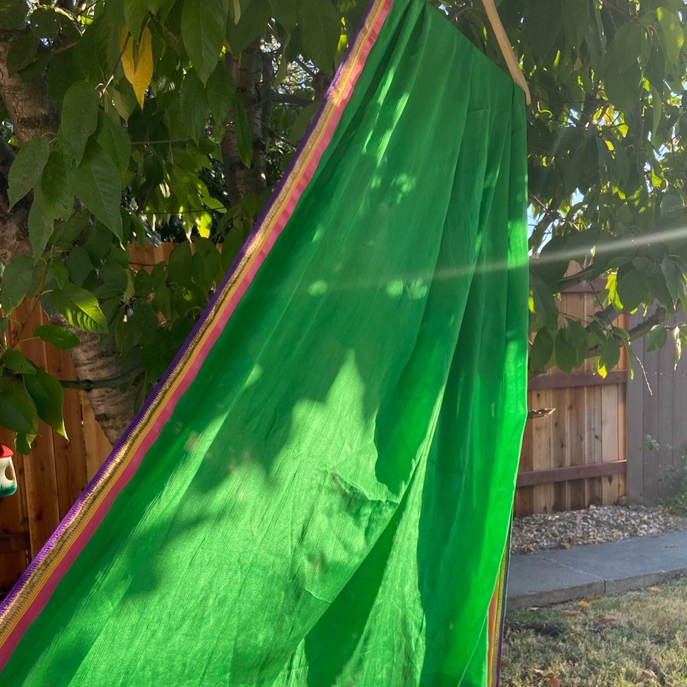 Vibrant Green Sheer Scarf with Multicolor Border - Picture 4 of 7